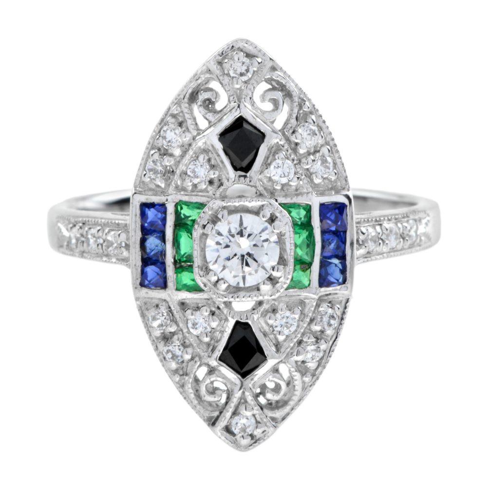 Diamond Emerald Sapphire Onyx Art Deco Style Marquise Shape Ring