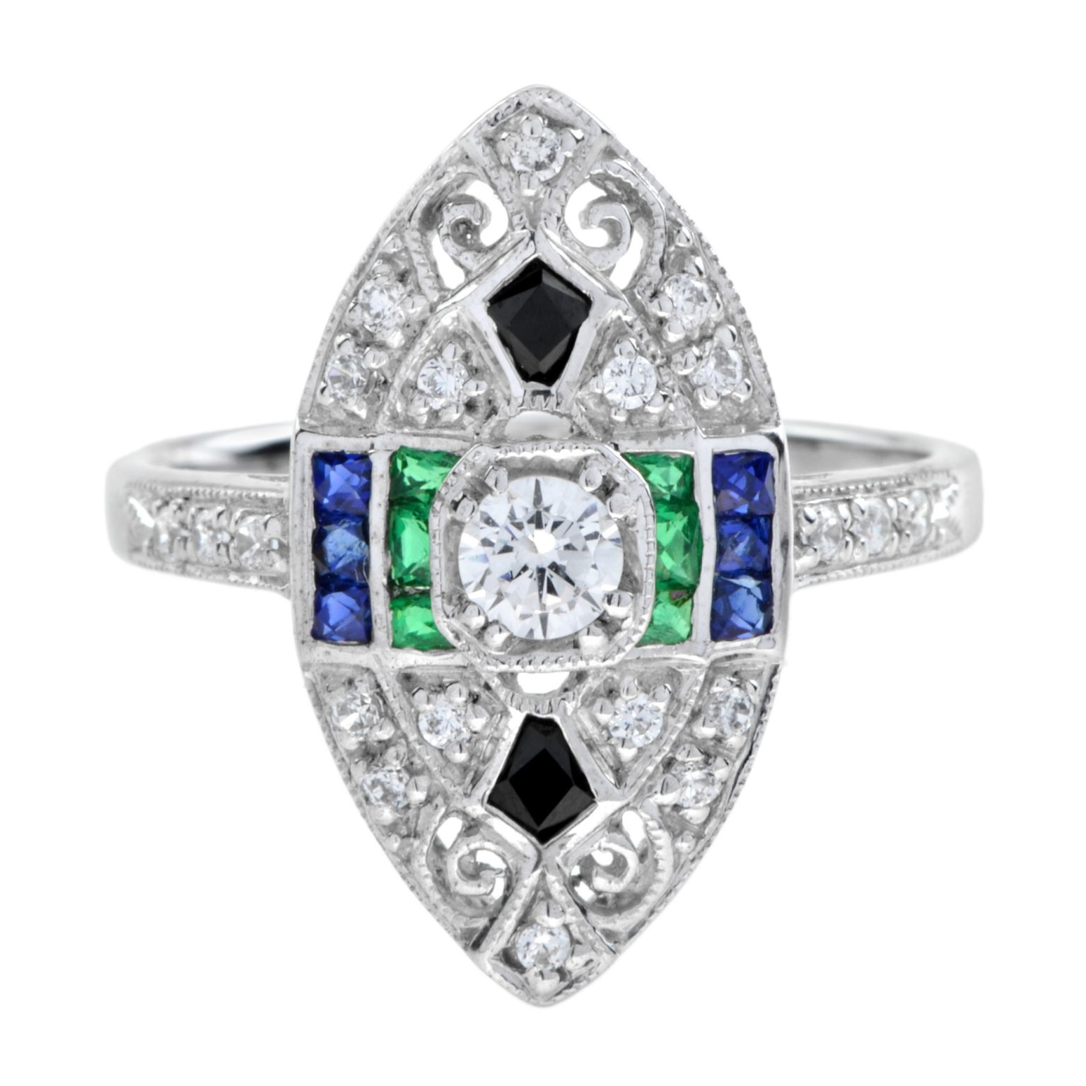 Diamond Emerald Sapphire Onyx Art Deco Style Marquise Shape Ring