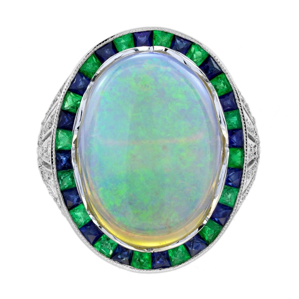 8.73 Ct. Opal Emerald and Diamond  Art Deco Style Cocktail Ring