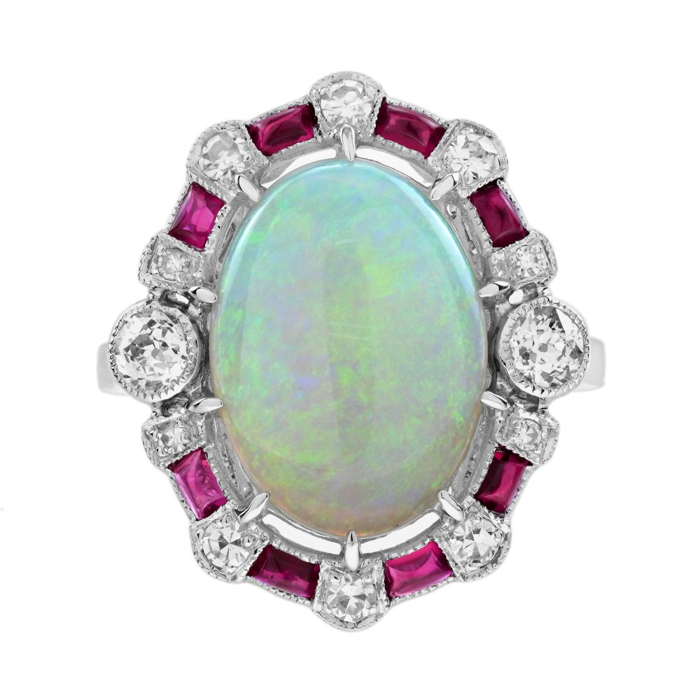 3.74 Ct. Opal Ruby Old Cut Diamond Art Deco Style Cocktail Ring