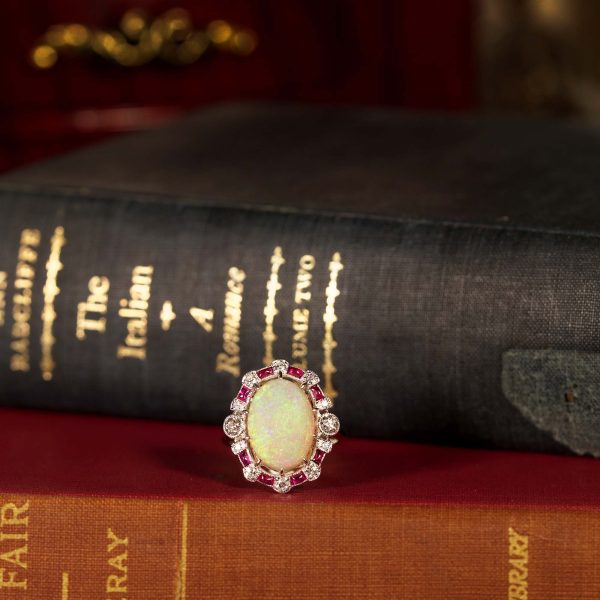 3.74 Ct. Opal Ruby Old Cut Diamond Art Deco Style Cocktail Ring - Image 2