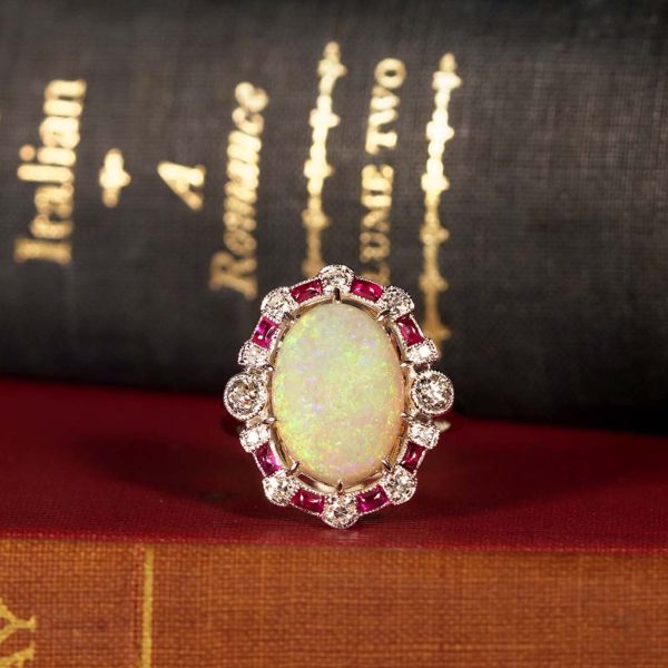 3.74 Ct. Opal Ruby Old Cut Diamond Art Deco Style Cocktail Ring - Image 3