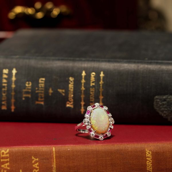3.74 Ct. Opal Ruby Old Cut Diamond Art Deco Style Cocktail Ring - Image 4