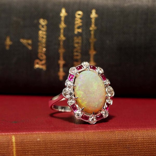 3.74 Ct. Opal Ruby Old Cut Diamond Art Deco Style Cocktail Ring - Image 5