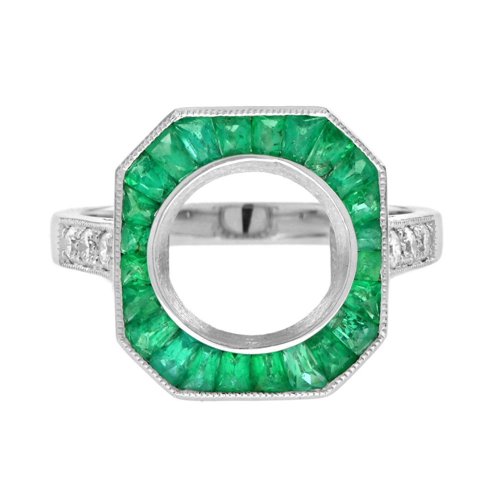 9 mm. Semi Mount Diamond Emerald Art Deco Style Ring