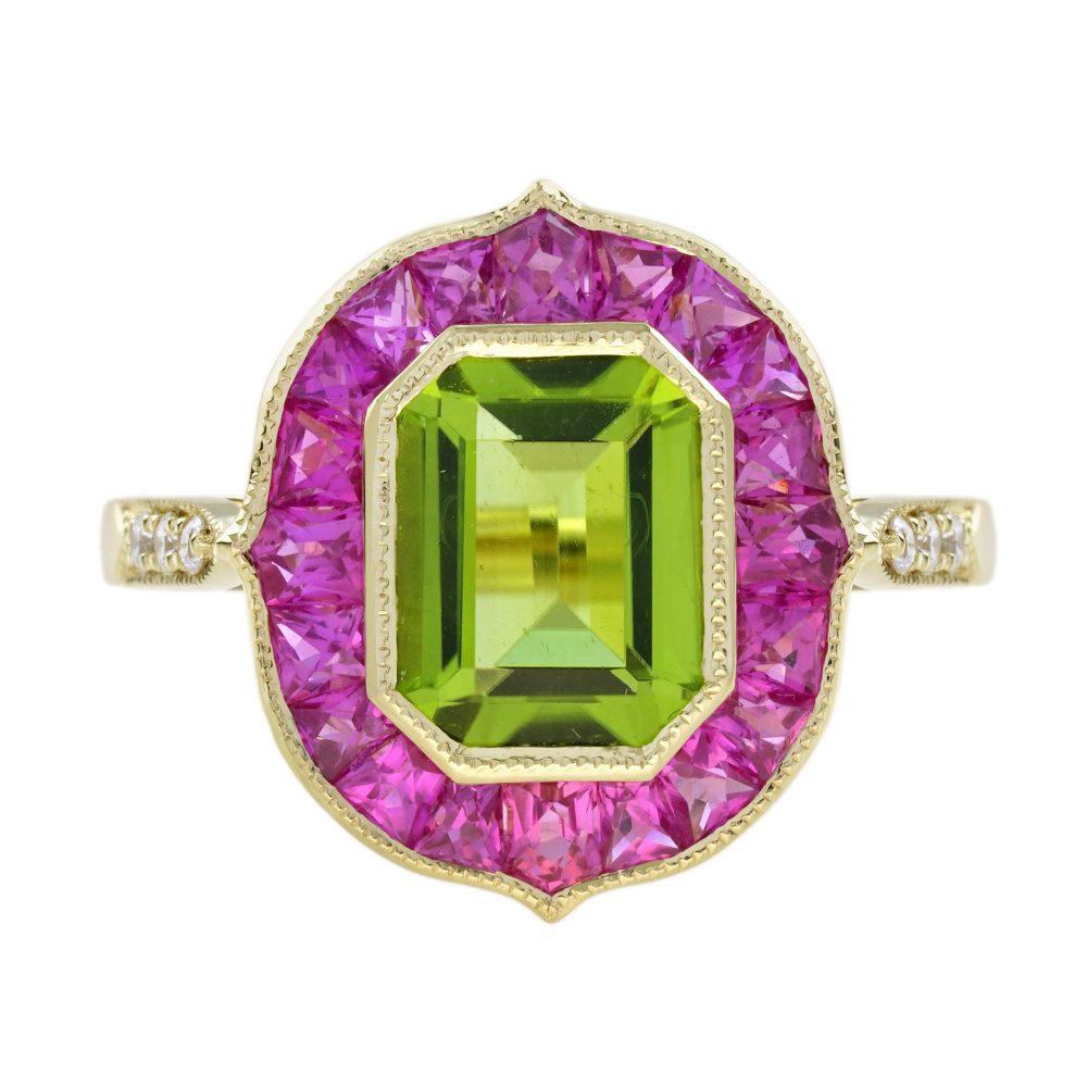 Peridot and Pink Ruby Art Deco Style Target Ring