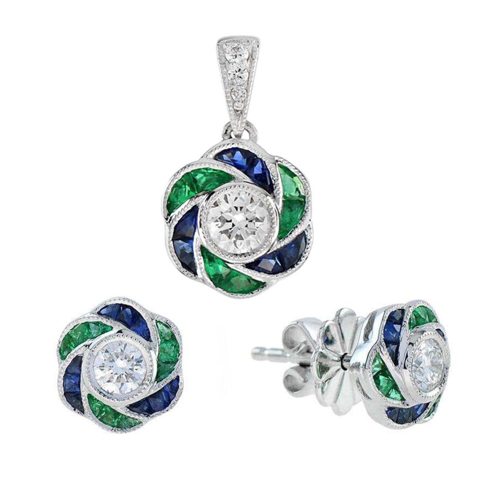 Diamond Emerald Sapphire Art Deco Style Pendant and Earrings Jewelry Set