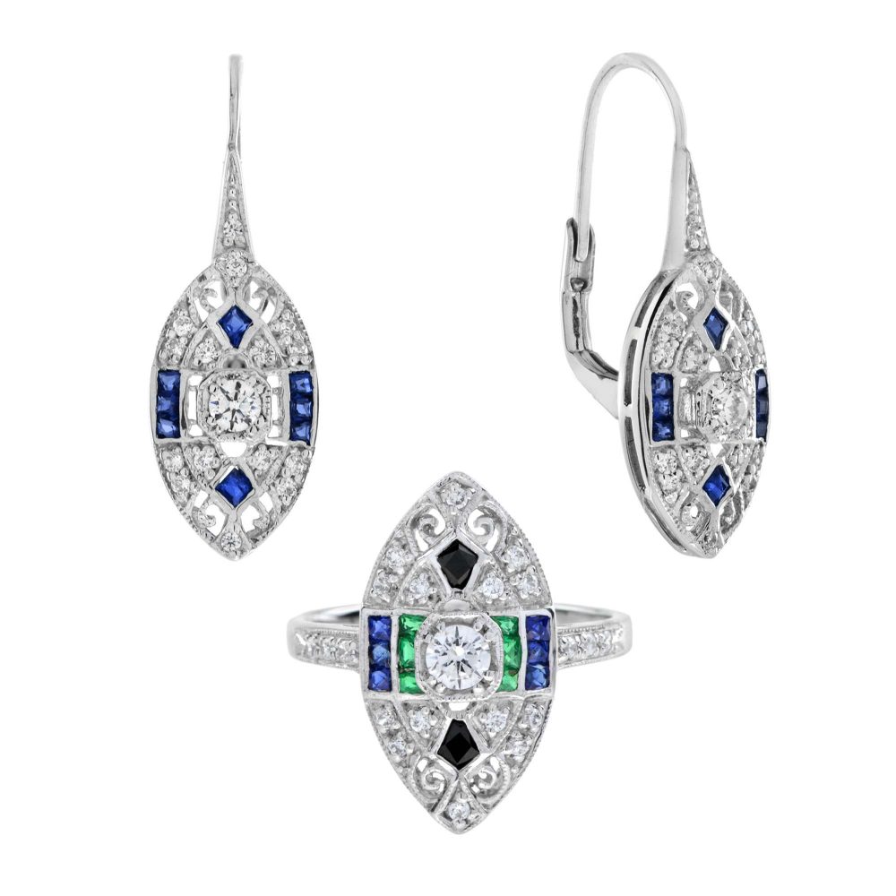 Diamond Emerald Onyx Marquise Shape Art Deco Style Ring and Earrings Set