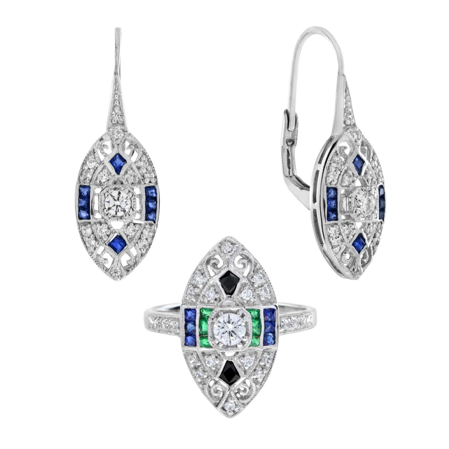 Diamond Emerald Onyx Marquise Shape Art Deco Style Ring and Earrings Set