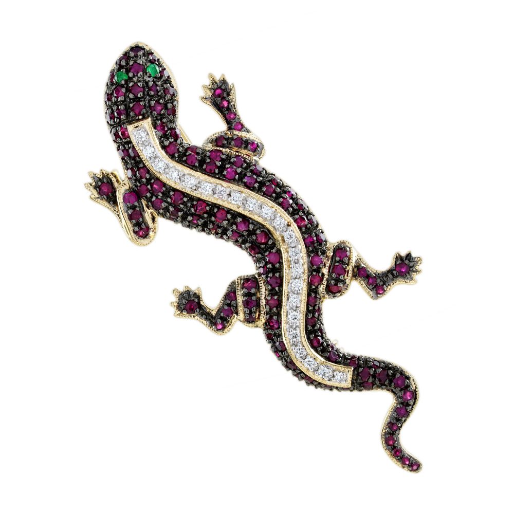Emerald Ruby and Diamond Antique Style Lizard Brooch