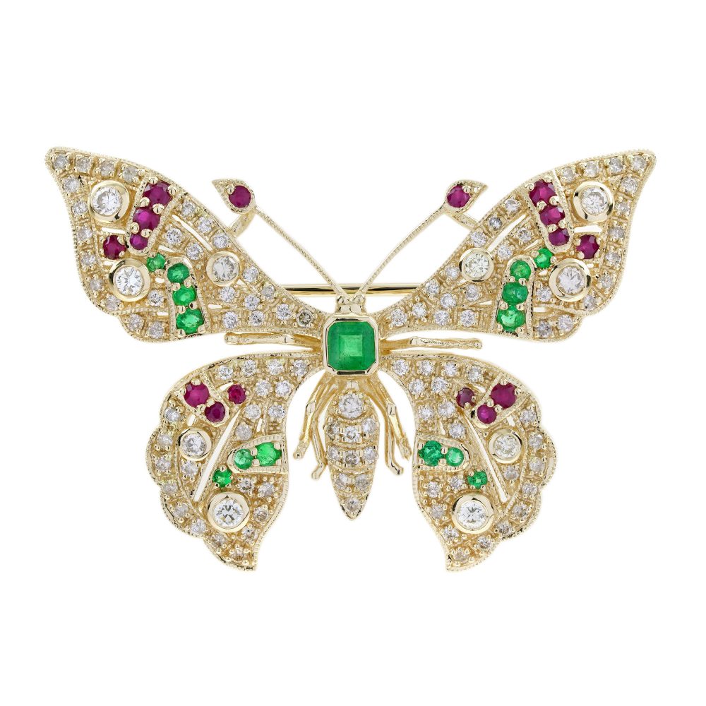 Emerald Ruby and Light Brown Diamond Art Deco Style Butterfly Brooch