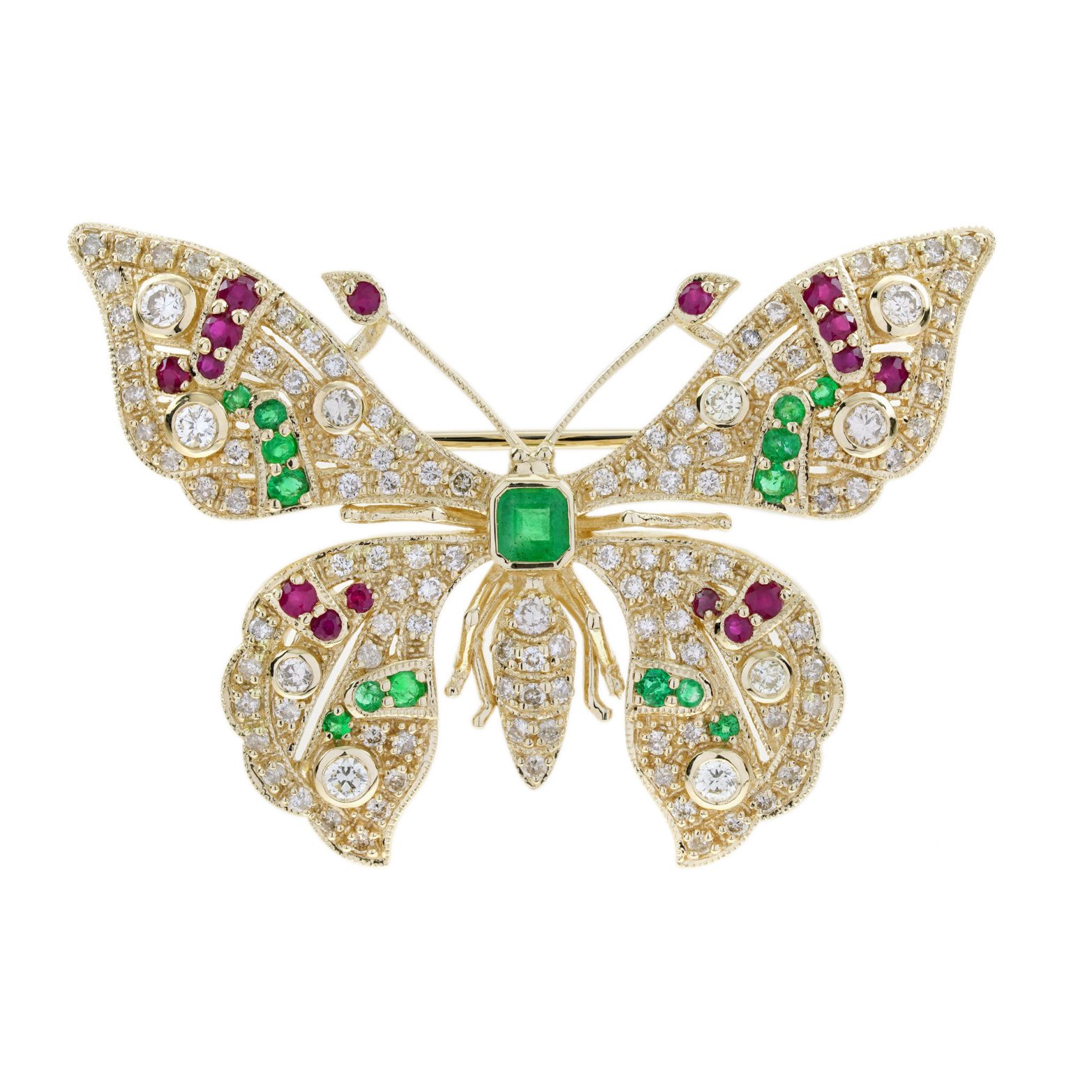 Emerald Ruby and Light Brown Diamond Art Deco Style Butterfly Brooch