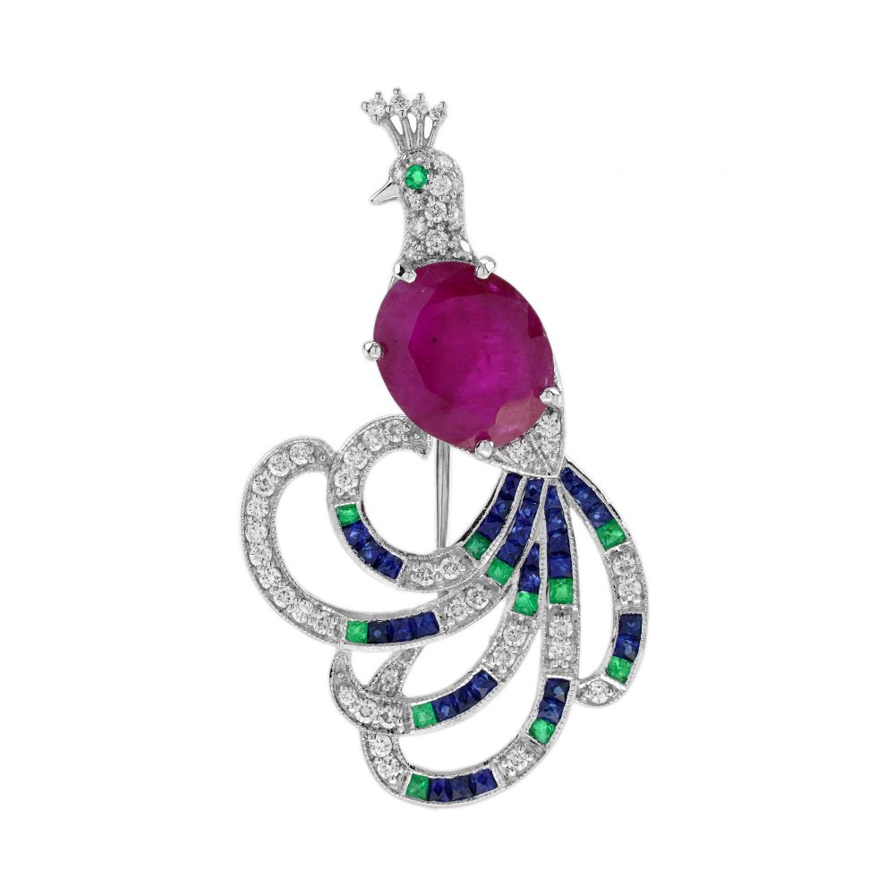 4.25 Ct. Ruby Emerald Sapphire Diamond Art Deco Style Peacock Brooch