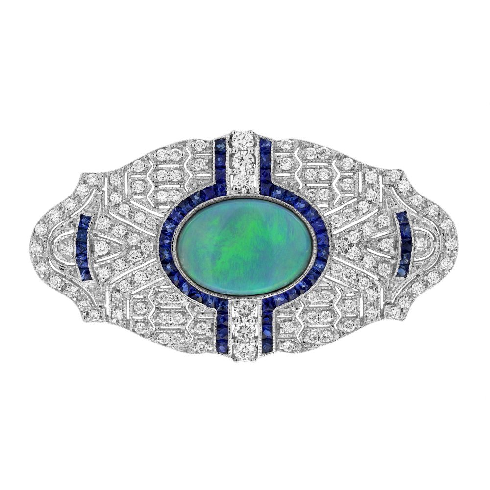 1.80 Ct. Black Opal Sapphire and Diamond Art Deco Style Brooch