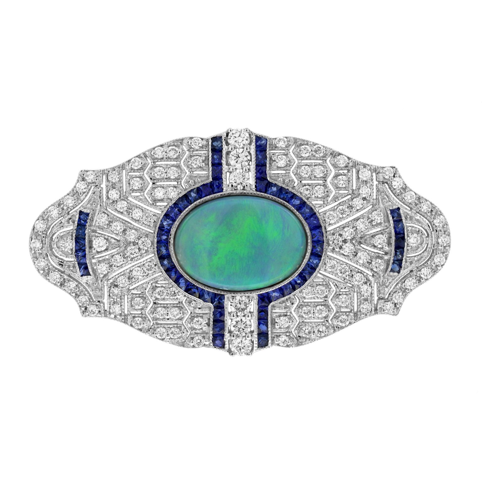 1.80 Ct. Black Opal Sapphire and Diamond Art Deco Style Brooch