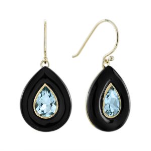 Blue Topaz and Onyx Art Deco Style Drop Earrings