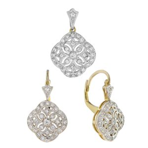 Diamond Floral Edwardian Style Pendant and Earrings Jewelry Set