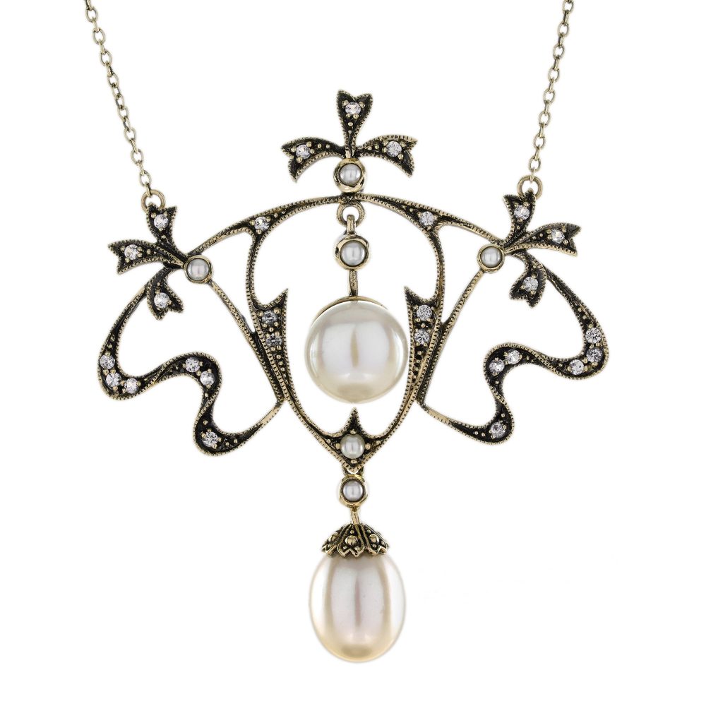 Natural Pearl and White Sapphire Edwardian Style Floral Necklace