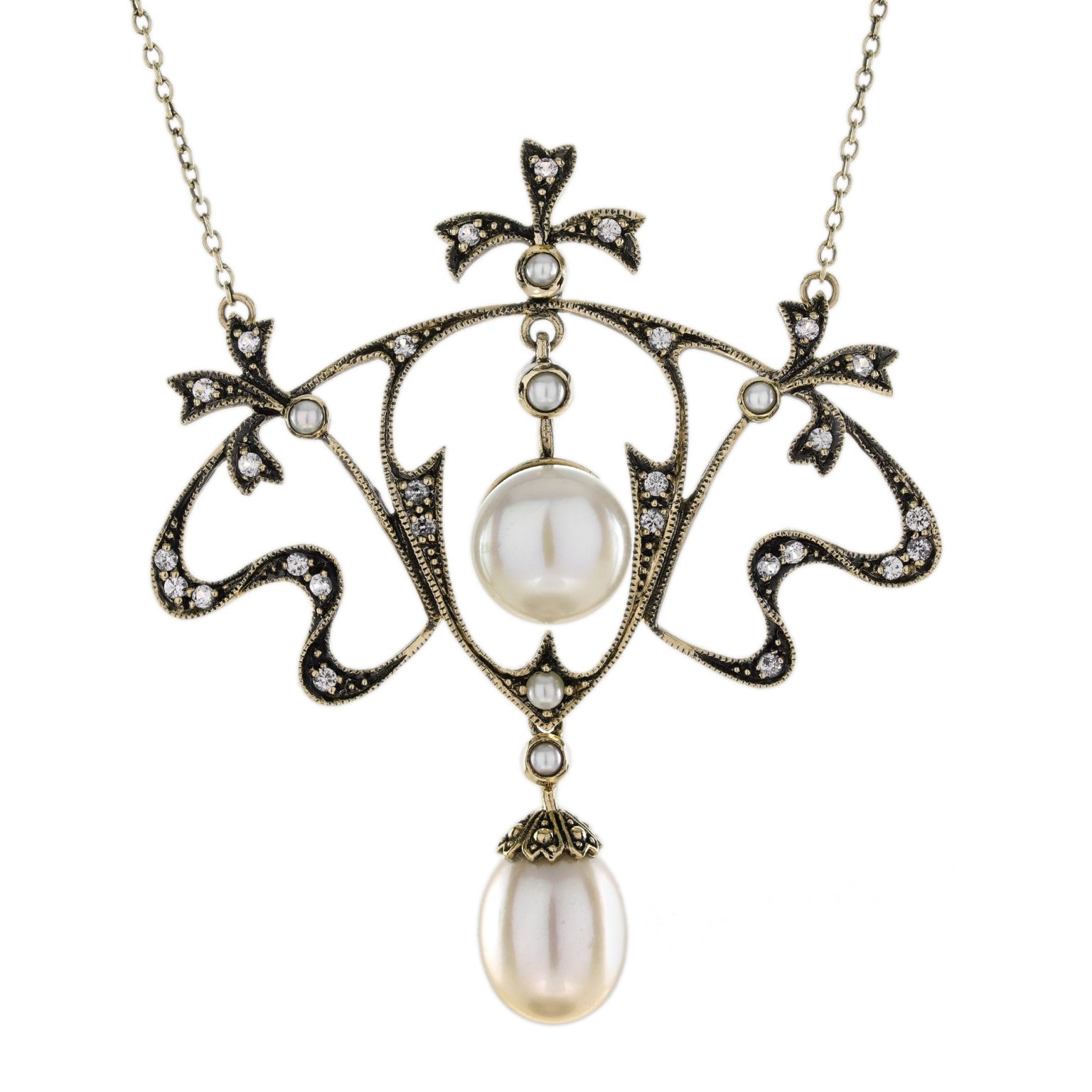 Natural Pearl and White Sapphire Edwardian Style Floral Necklace