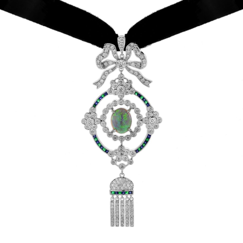 Black Opal Emerald Sapphire Diamond Antique Style Choker Necklace
