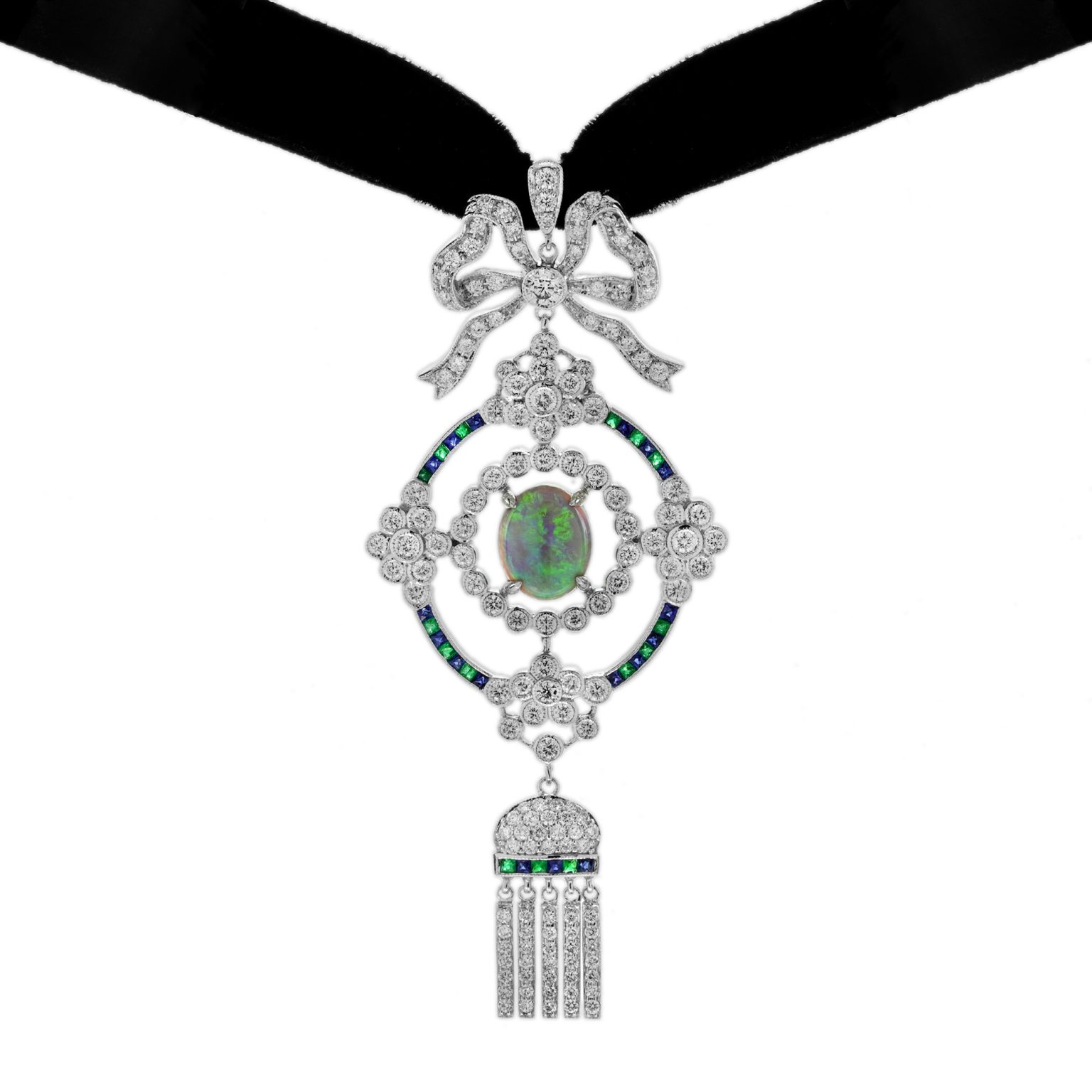 Black Opal Emerald Sapphire Diamond Antique Style Choker Necklace