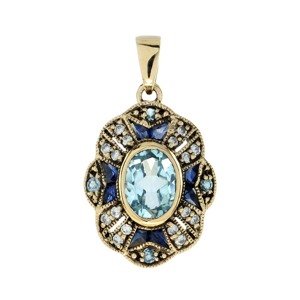 Blue Topaz Sapphire and Diamond Art Deco Style Pendant