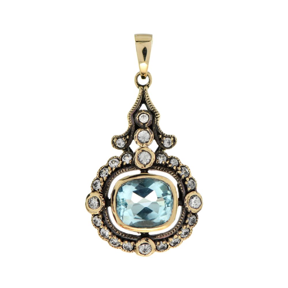 Blue Topaz and White Sapphire Art Deco Style Pendant