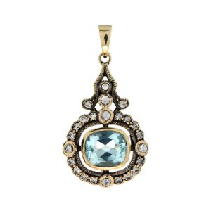 Blue Topaz and White Sapphire Art Deco Style Pendant