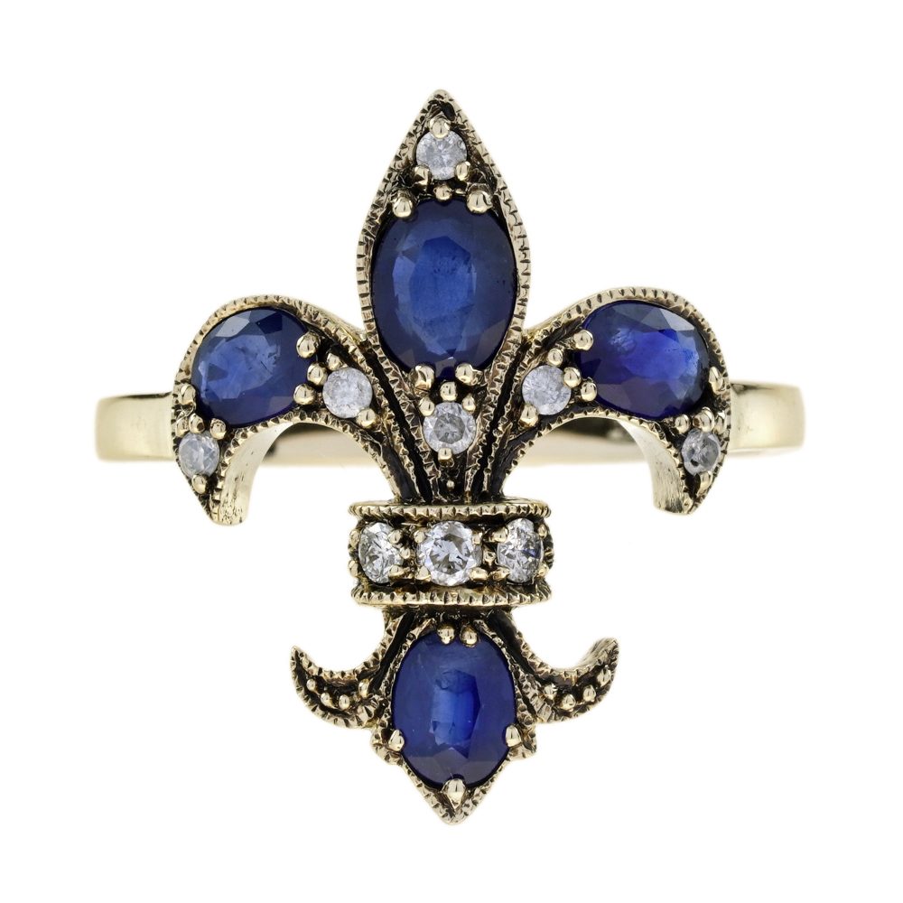 Sapphire and Diamond Art Deco Style Fleur-De-Lis Ring
