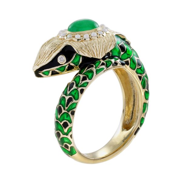 Cabochon Emerald Pearl Enamel Antique Style Green NAKA Snake Ring - Image 15