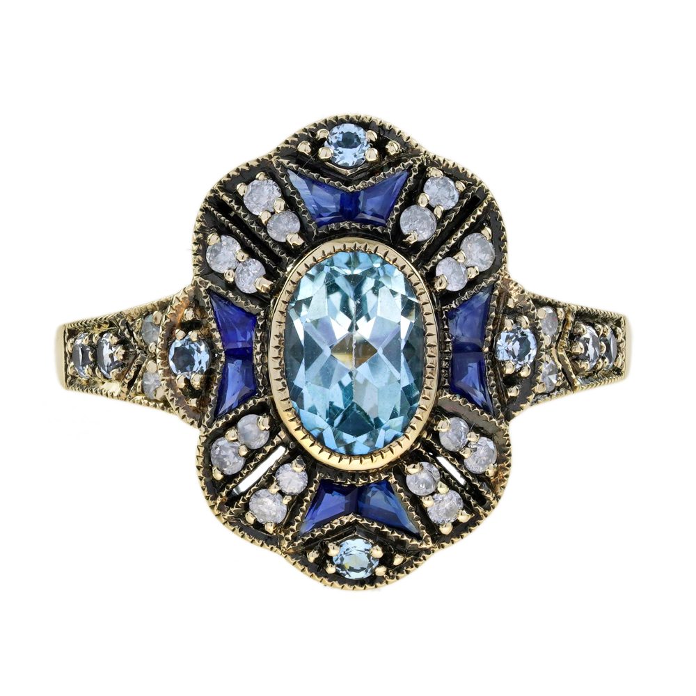 Blue Topaz Sapphire and Diamond Art Deco Style Halo Ring