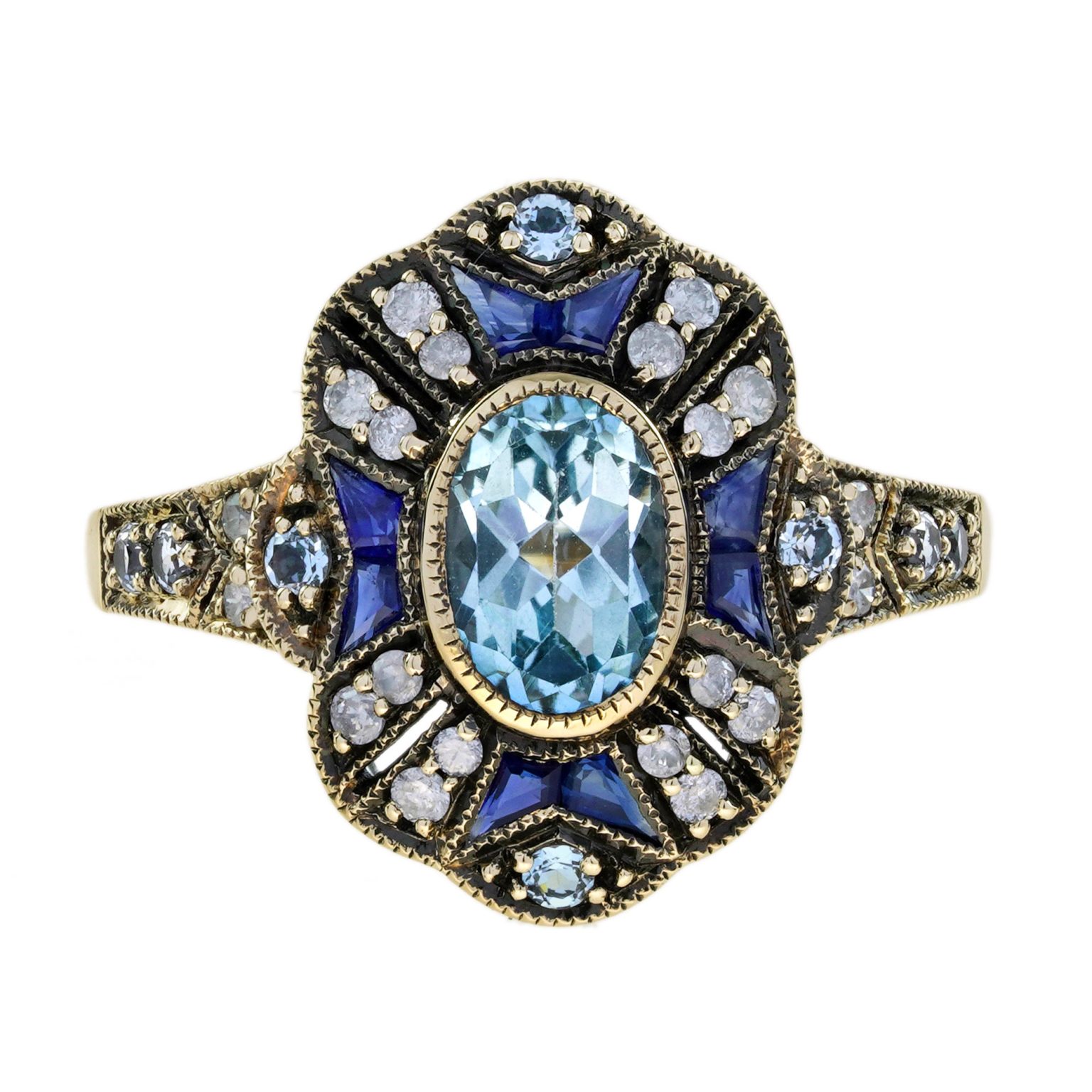 Blue Topaz Sapphire and Diamond Art Deco Style Halo Ring