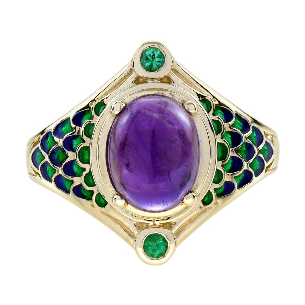 Cabochon Amethyst and Emerald Antique Style Naka Snake Ring