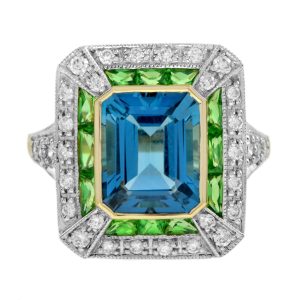 London Blue Topaz Tsavorite Diamond Art Deco Style Engagement Ring