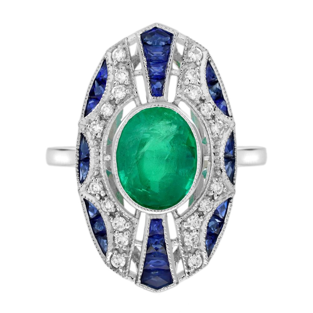 Emerald Sapphire and Diamond  Art Deco Style Dinner Ring