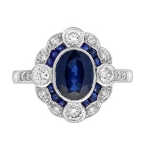 Blue Sapphire Diamond Art Deco Style Target Engagement Ring