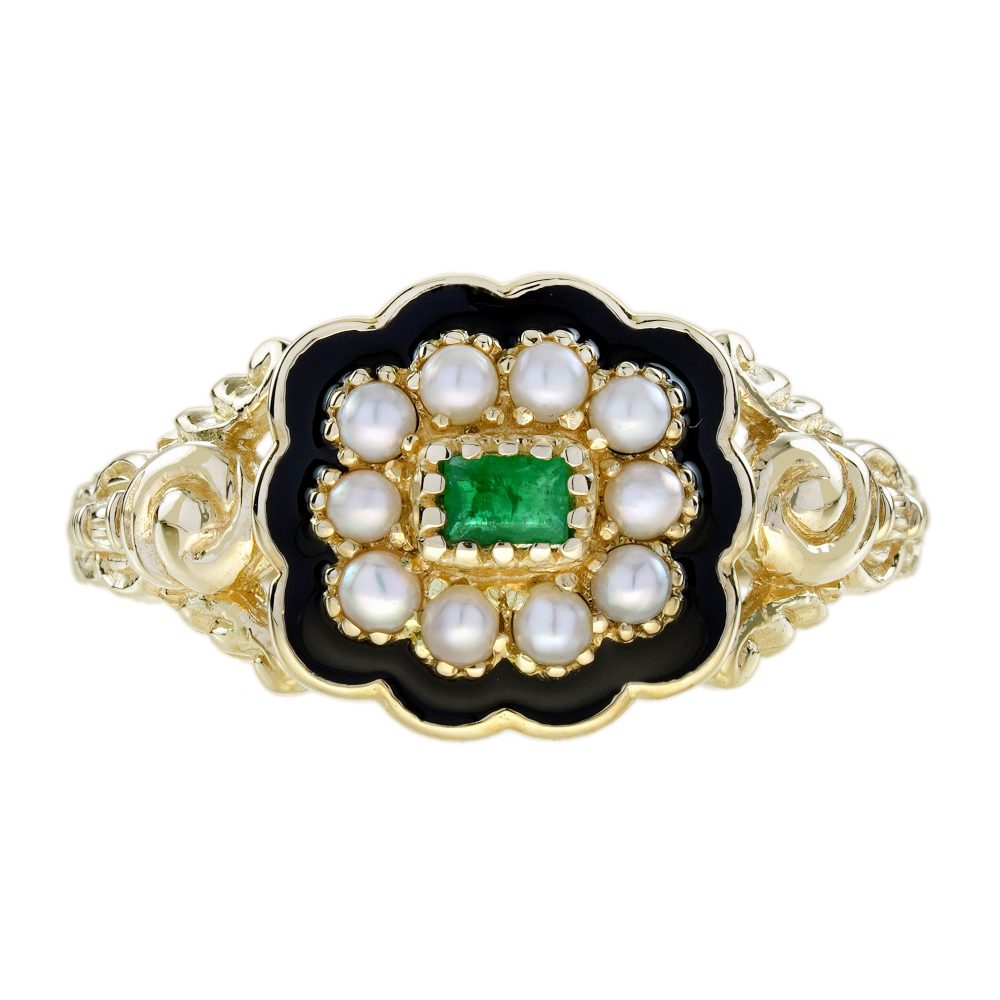 Emerald Pearl Enamel Victorian Style Engagement Ring