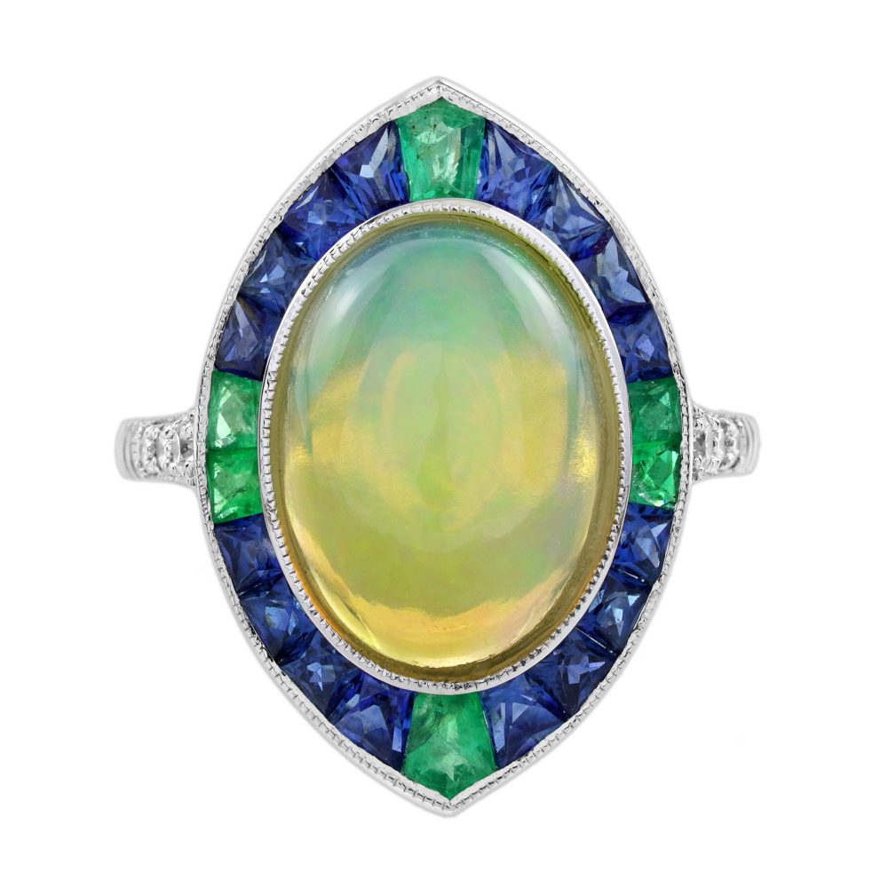 4.45 Ct. Ethiopian Opal Emerald Sapphire and Diamond Art Deco Style Cocktail Ring