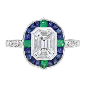 Illusion Setting Diamond Emerald Sapphire Art Deco Style Engagement Ring