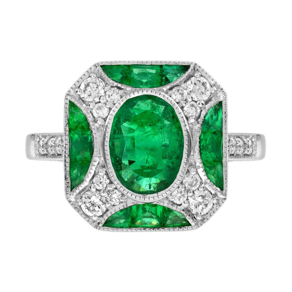 1.25 Ct. Emerald and Diamond Art Deco Style Engagement Ring