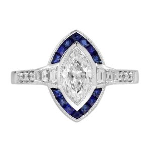 0.71 Ct. Marquise Diamond and Sapphire Art Deco Style Engagement Ring