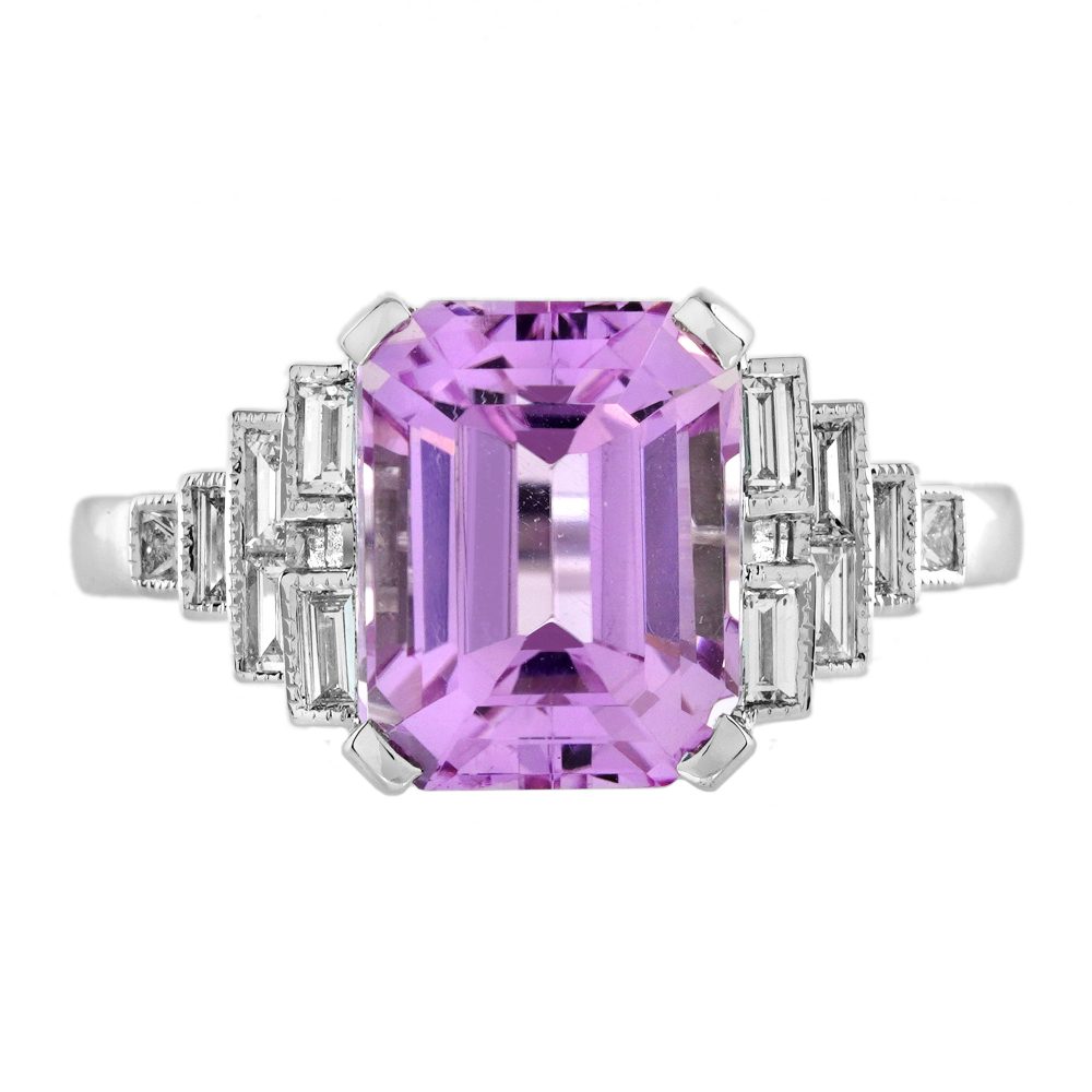Pink Kunzite Baguette Diamond Art Deco Style Engagement Ring