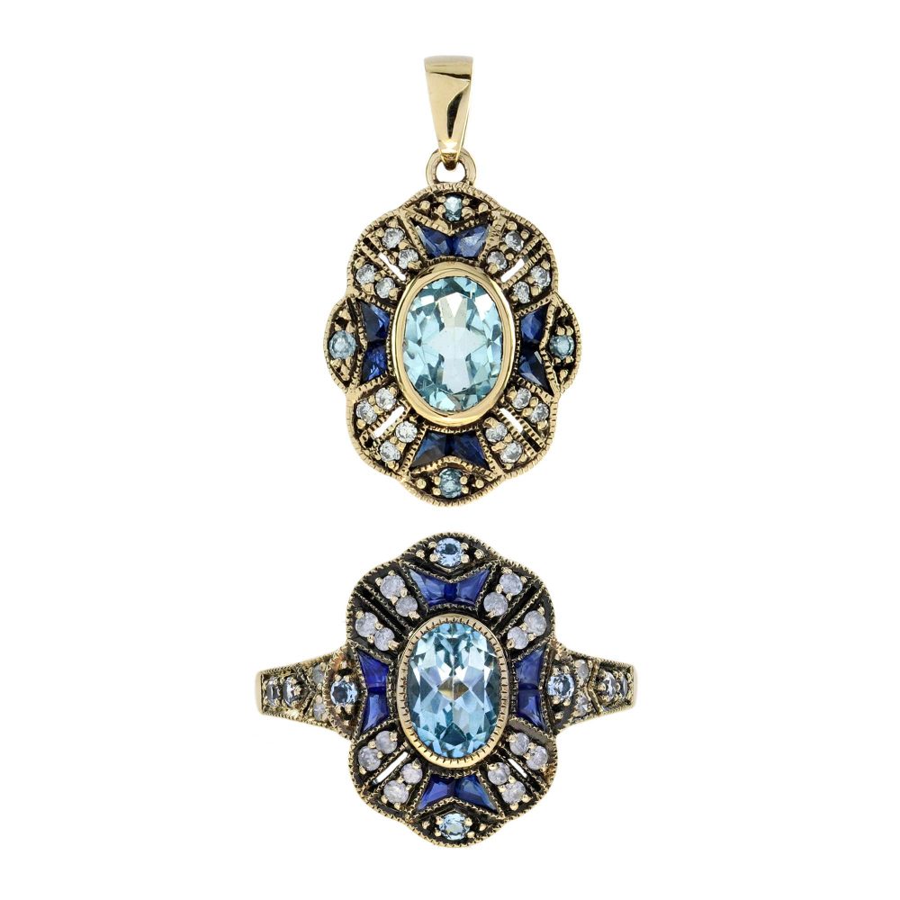 Blue Topaz Sapphire Diamond Art Deco Style Pendant and Ring Jewelry Set