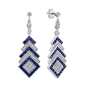 Sapphire and Diamond Art Deco Style Drop Square Earrings
