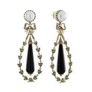 Onyx and Pearl Antique Style Dangle Earrings