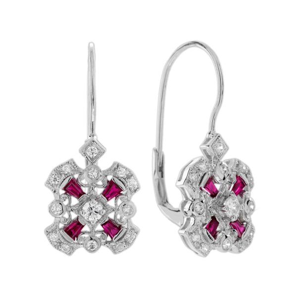 Diamond and Ruby Art Deco Style Lever Back Earrings - Image 7