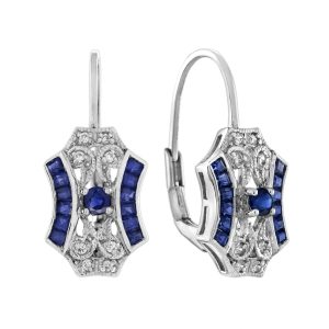Sapphire and Diamond Art Deco Style Lever Back Earrings