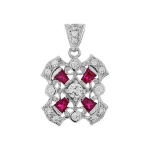 Diamond and Ruby Art Deco Style Floral Pendant