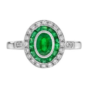 Oval Emerald and Diamond Art Deco Style Target Engagement Ring