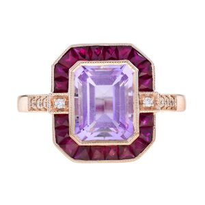 Emerald Cut Pink Amethyst Ruby Diamond  Art Deco Style Ring
